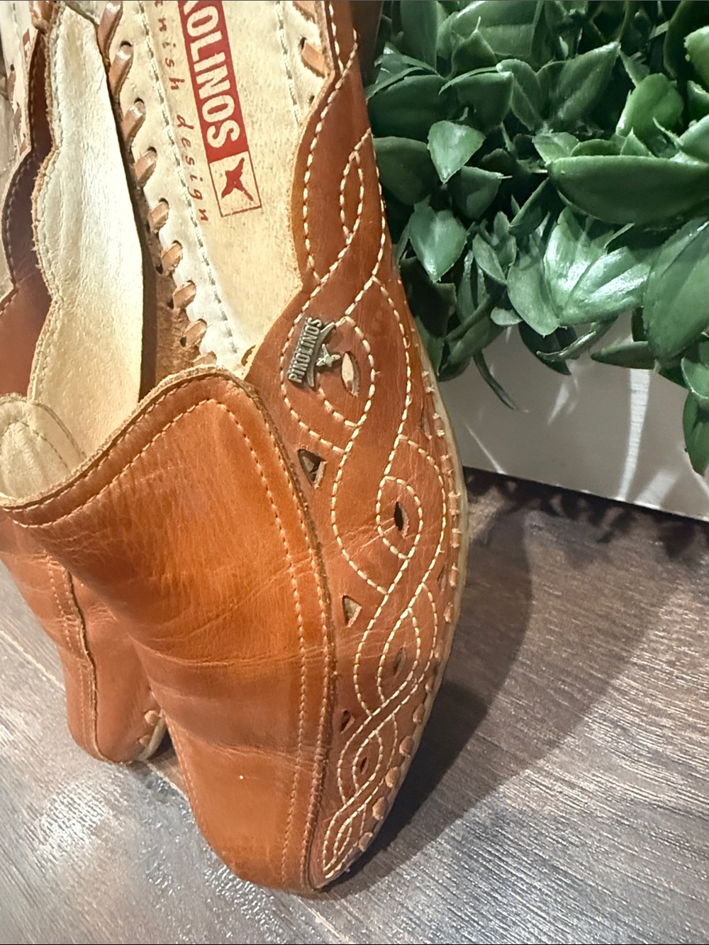 PIKOLINOS Romana Brown Leather Slip-On Mules Embroidered Detail Size 38 - Picture 4 of 6
